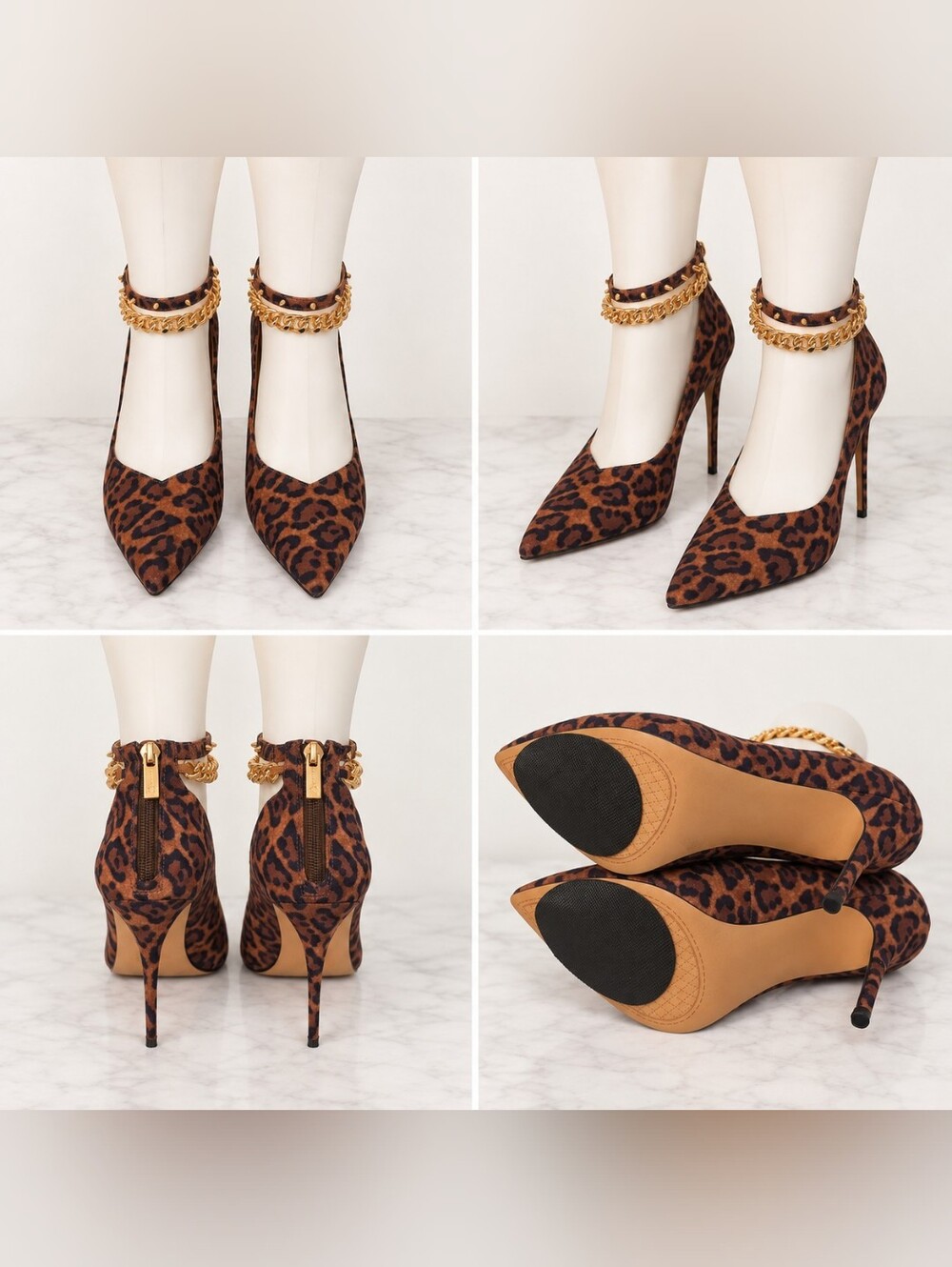 Jessica Simpson Leopard Print Pointed Toe Stiletto Heels with Gold Chain